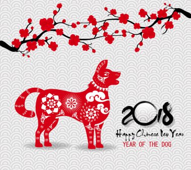 Mutlu yeni yıl 2018 tebrik kartı ve köpek Çin yeni yılı