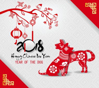 Mutlu yeni yıl 2018 tebrik kartı ve köpek Çin yeni yılı