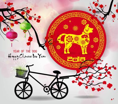 Mutlu yeni yıl 2018 tebrik kartı ve köpek Çin yeni yılı