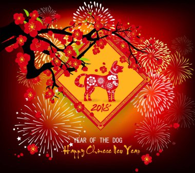 Mutlu yeni yıl 2018 tebrik kartı ve köpek Çin yeni yılı