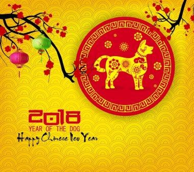 Mutlu yeni yıl 2018 tebrik kartı ve köpek Çin yeni yılı