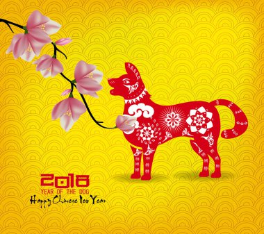 Mutlu yeni yıl 2018 tebrik kartı ve köpek Çin yeni yılı