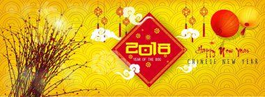 Mutlu yeni yıl 2018 tebrik kartı ve köpek Çin yeni yılı