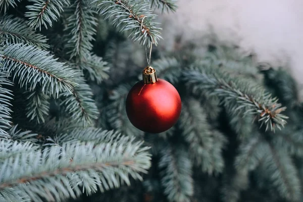 Weihnachtsspielzeug Auf Den Zweigen Eines Neujahrsbaumes Weihnachtsbaum Mit Festlichem Ball — Stockfoto