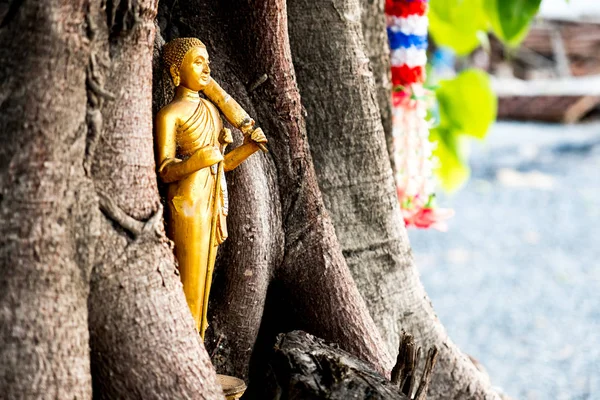 A velha estátua de Buda cor de ouro foi deixada na grande árvore no templo . — Fotografia de Stock