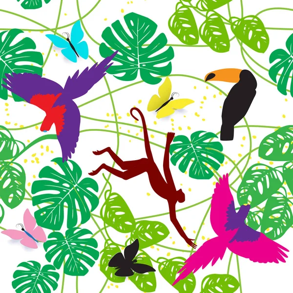 Patrón de colores sin costuras Rainfores sobre fondo blanco. animales tropicales e insectos — Vector de stock