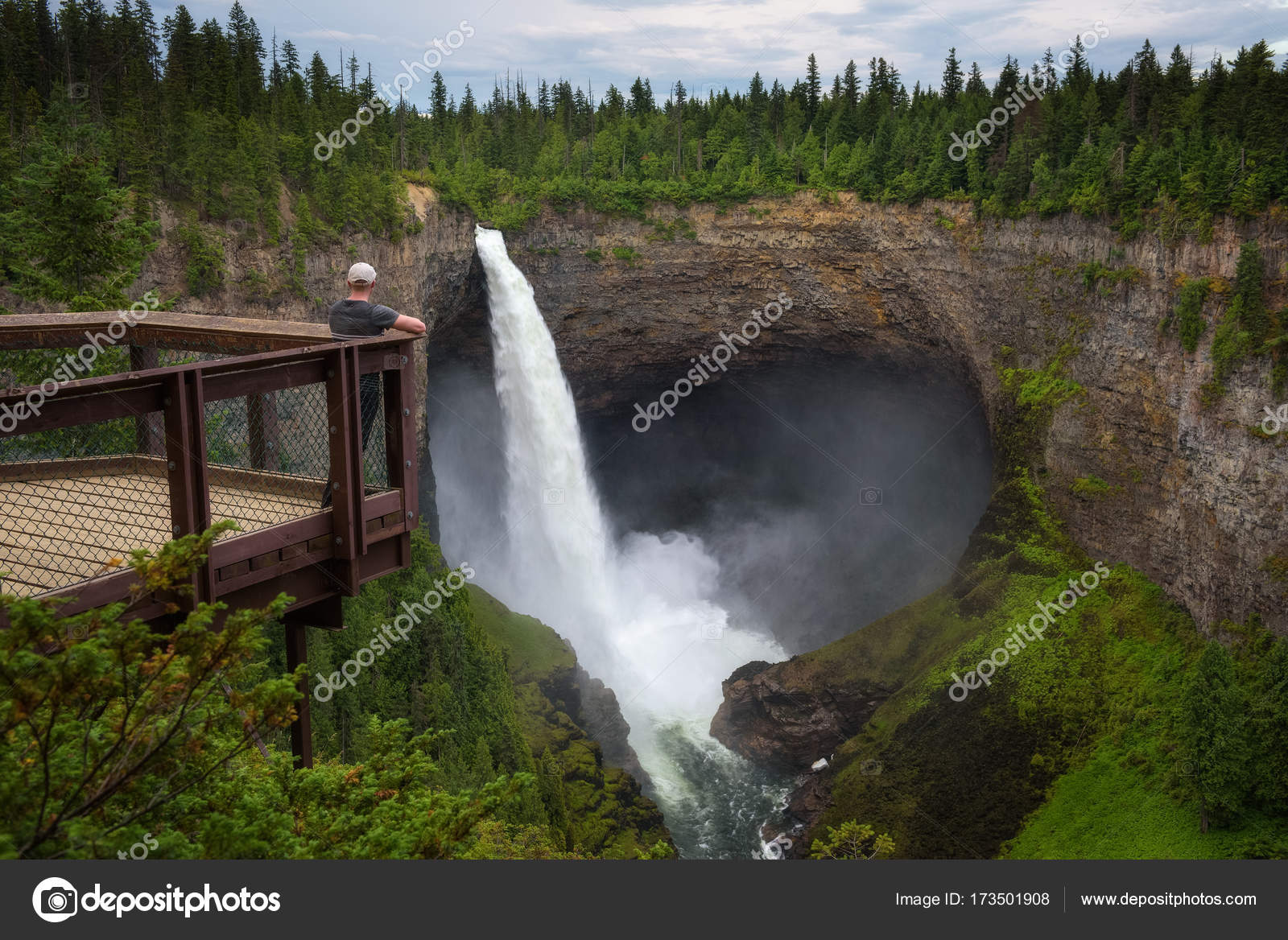 Touriste aux chutes Helmcken dans le parc provincial Wells Gray au Canada image libre de droit
