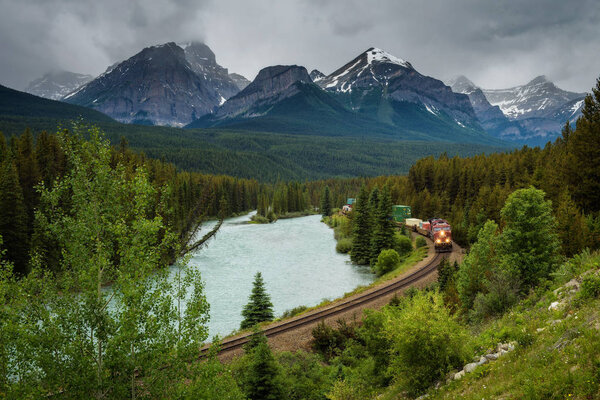 Train passing through Morants Curve in bow valley, Banff National Park