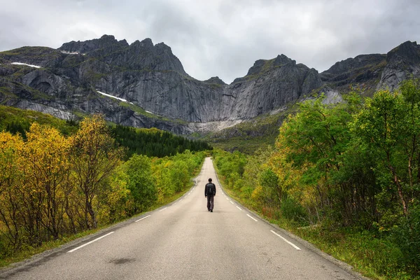 Πεζοπόρος περπατά σε μια γραφική οδό στα Νησιά Lofoten της Νορβηγίας — Φωτογραφία Αρχείου