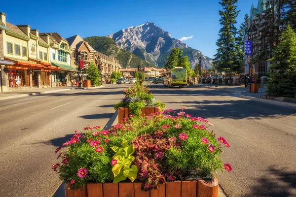 Flores en la famosa avenida Banff con vista a la calle en Banff — Foto de Stock