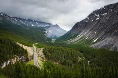 Doğal görünümünü Icefields ağaçlı yol ve Cirrus dağ Kanada