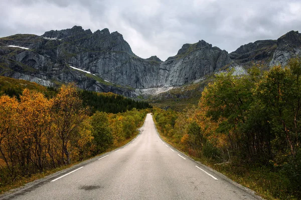 Malownicza droga na Lofotach w Norwegii w słoneczny dzień jesień — Zdjęcie stockowe