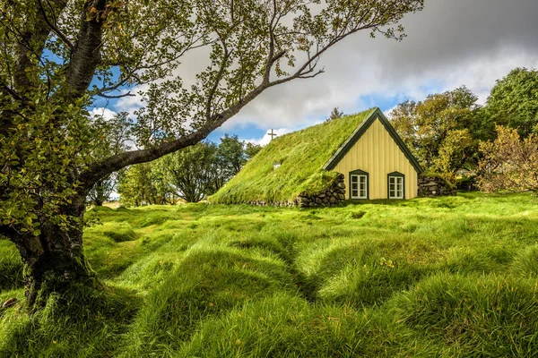 Műfű Izlandi falu Hof, Skaftafell, Izland-templom — Stock Fotó