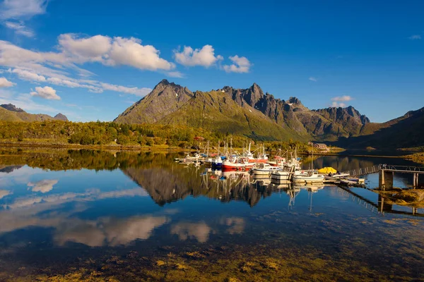 Barcos de pesca e iates em ilhas Lofoten na Noruega — Fotografia de Stock