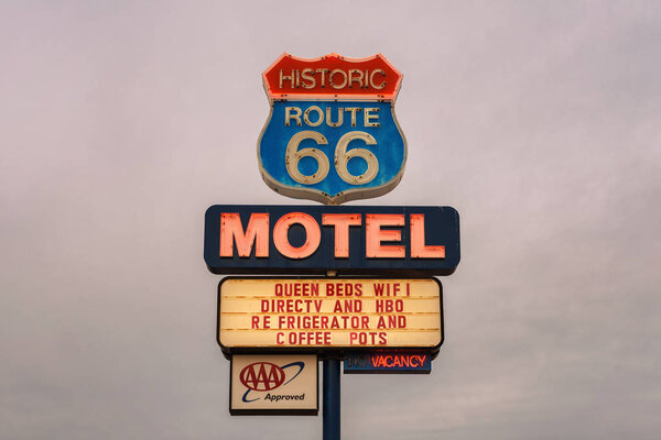 Neon motel sign on historic Route 66