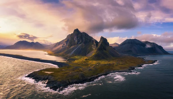 Aerial View of the Eystrahorn with Krossanesfjall Mountain in Iceland at sunset — Stock Photo, Image