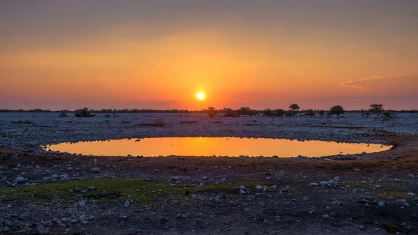 Puesta de sol sobre el abrevadero del campamento Okaukuejo en Etosha, Namibia — Foto de Stock