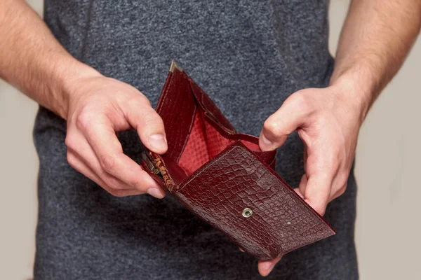 Old Shabby Brown Purse Hands Man Concept Crisis Unemployment Lack — Stock Photo, Image