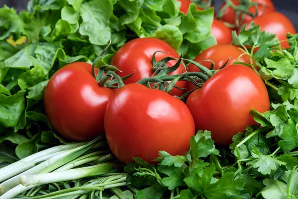 Tomates Rojos Maduros Sobre Fondo Verde Productos Orgánicos Bodegón Vegetariano — Foto de Stock