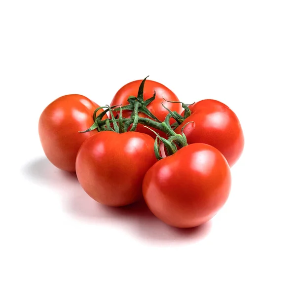 Varios Tomates Frescos Con Hojas Verdes Aisladas Sobre Fondo Blanco — Foto de Stock