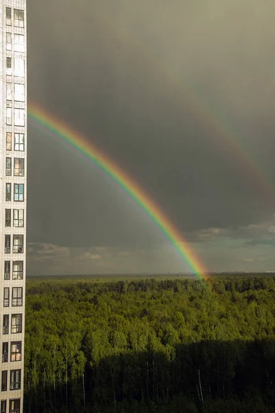 Rainbow over a summer pine forest, very clear sky and clear colors of the rainbow, forest road. Natural scenery. The colors of the rainbow after the rain. Cumulonimbus clouds.