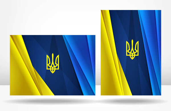 Ukraine Flag and Emblem. Ukrainian corporate template design with blue and yellow background and coat of arms of Ukraine trident for brochure cover or presentation for government or business.
