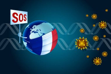 Fransız bayrağı taşıyan bir tıbbi maskeli Dünya, DNA 'nın arka planına karşı virüs Coronavirus Ncov' dan yardım istiyor. Coronavirus Covid-19 veya Fransa için Corona virüsü konsepti