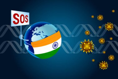 Hindistan için Coronavirus ya da Corona virüsü konsepti. Hint bayraklı bir tıbbi maskeli Dünya, DNA arka planına karşı virüs koronavirüs nCoV 'dan yardım istiyor.