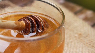 Bal sağlık için besleyicidir, kaşık ve bal peteği ile kavramsaldır.