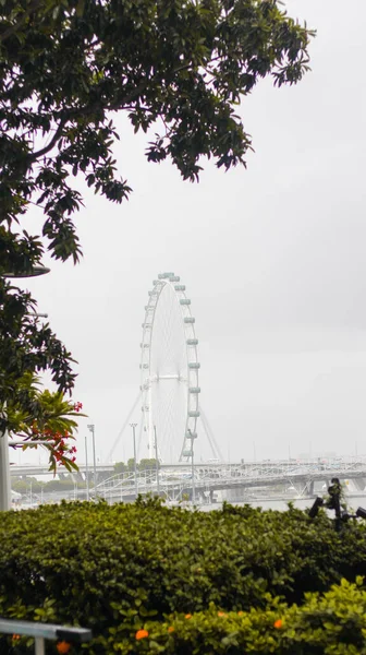 大観覧車前面 シンガポールに近代的な都市のスカイラインとベイ水 — ストック写真
