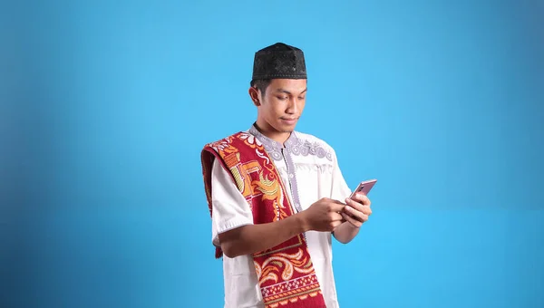 Homem Chamada Vídeo Com Família Ramadhan — Fotografia de Stock