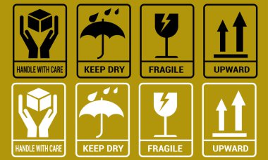 Kırılgan kutu, kargo uyarı vektör işaretleri. Hassas paket simgeleri seti, dikkatli lojistik ve teslimat etiketleriyle halledin. Vektör illüstrasyonu