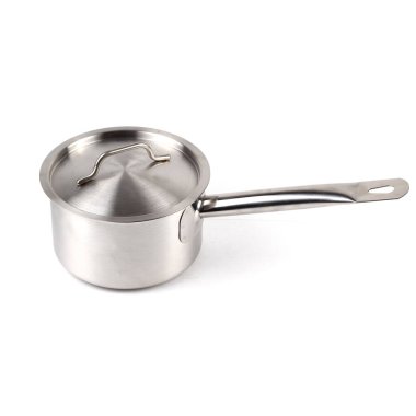 Beyaz arka planda kapağı izole edilmiş paslanmaz çelik kap