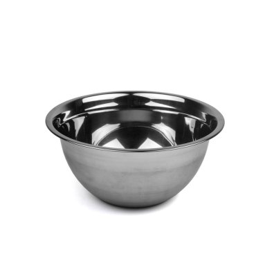 Beyaz arkaplanda boş metal kase