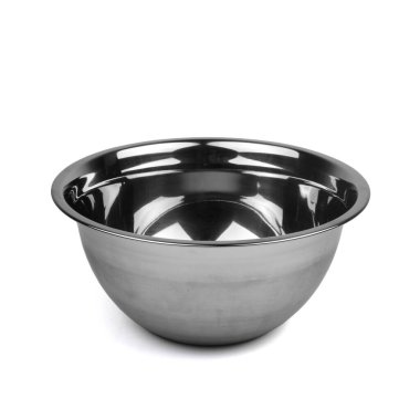 Beyaz arkaplanda boş metal kase