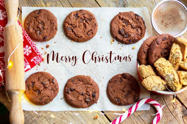 Ψητά Χριστουγεννιάτικα Μπισκότα Σπιτικά Μπισκότα Σοκολάτας Top View Επίπεδη Θέσει — Φωτογραφία Αρχείου