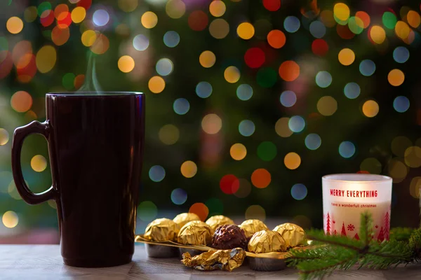 Cup Steam Chocolate Candies Bokeh Background Tea Party Festive Mood — 스톡 사진