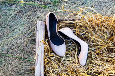 Ayakkabılar çimlerin üzerinde, kamışların içinde. Samanlıkta romantik bir akşam. Kutudaki güzel ayakkabılar