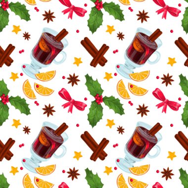 Noel aralıksız desenli kutsal yapraklar, bir bardak sıcak şarap.