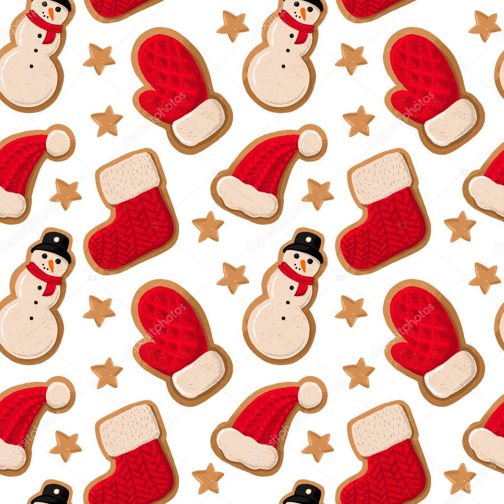 Christmas seamless pattern with gingerbread boot, cookie snowman