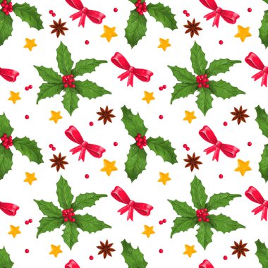 Noel desenleri Holly, yapraklar, böğürtlenler, yıldız anason, kurdele