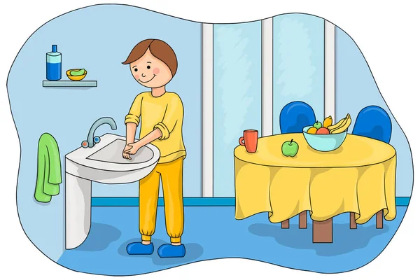 Το αγόρι πλένει τα χέρια του πριν φάει. Εικονογράφηση φορέα παιδιών — Διανυσματικό Αρχείο