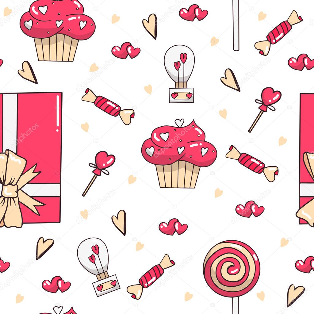 Seamless pattern with cupcakes, candies, gift and hearts