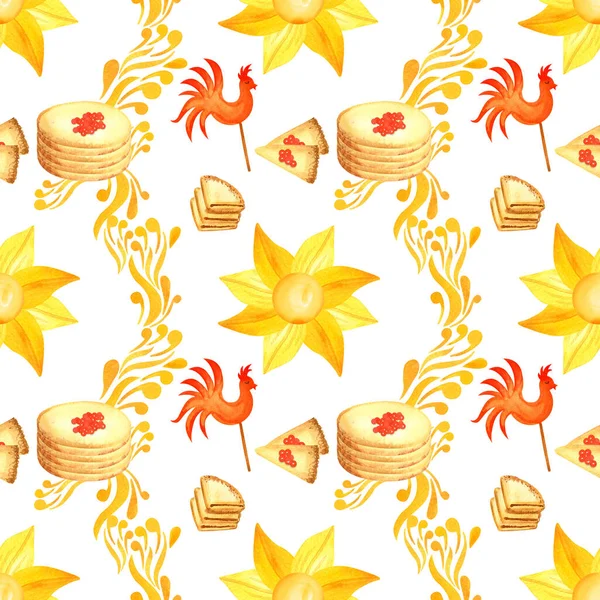 Watercolor seamless pattern Pancake week. pancakes with caviar and cockerel lollipop — Stock Photo, Image