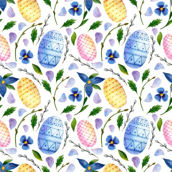 Watercolor Easter background. Seamless pattern with bunny, eggs and willow twig — ストック写真