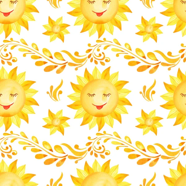 Bezešvé akvarely. Jasné slunce, zlaté vzory a slunečný vzor — Stock fotografie