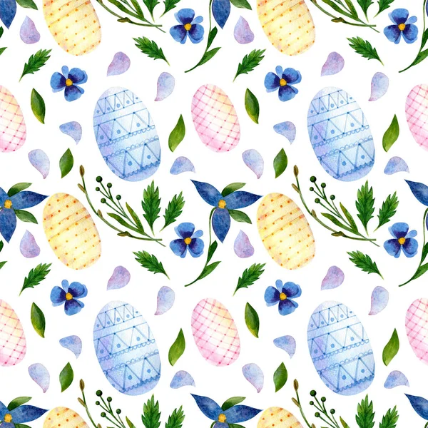 Watercolor Easter background. Seamless pattern with Easter eggs blue flowers, petals and green leaves and branches — ストック写真