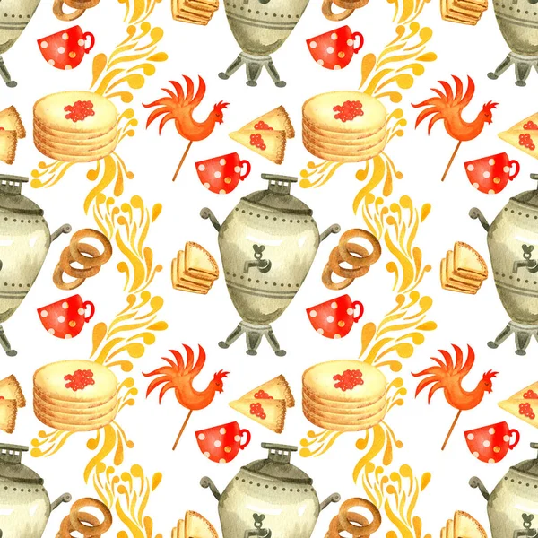 watercolor seamless pattern Pancake week. Samovar with mugs, pancakes and bagels.