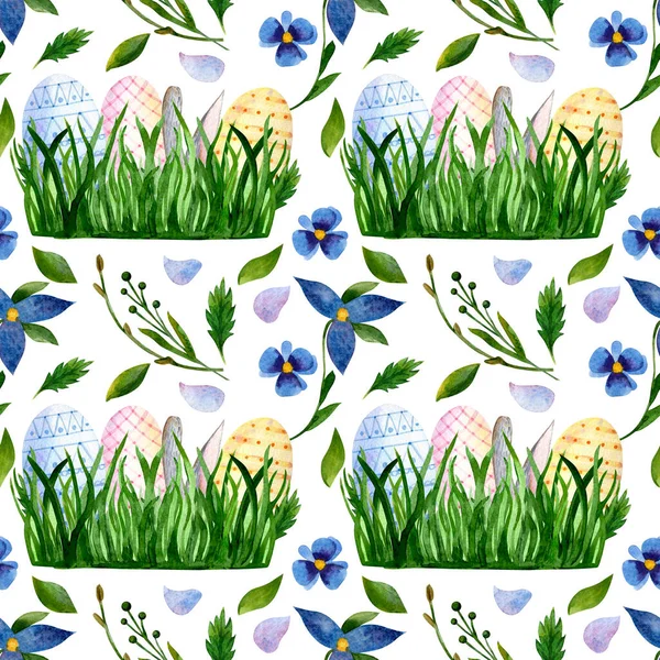 Watercolor seamless pattern with bushes of grass, eggs and flowers — Stok fotoğraf