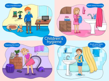 Vektör illüstrasyonu bebek hijyeni. Çocuklar için eğitici poster.